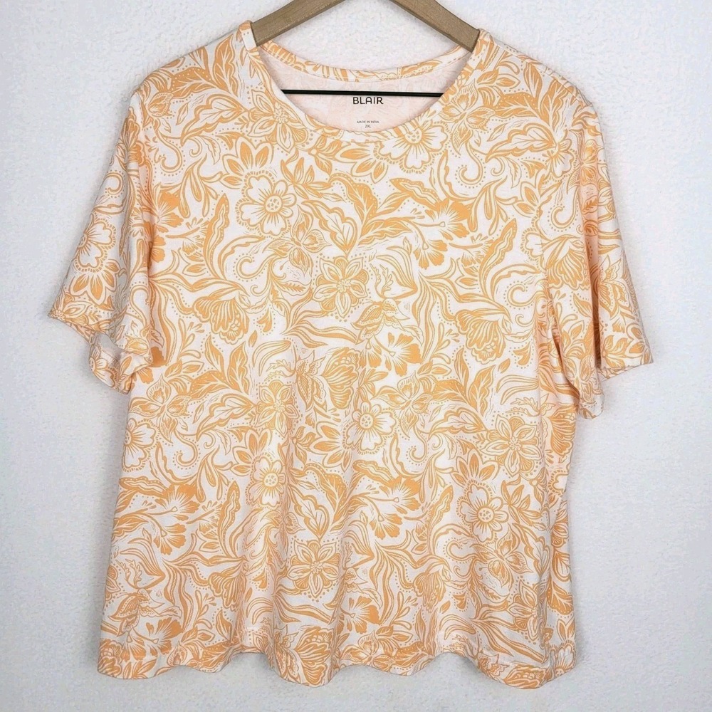 Blair Floral T-Shirt Plus Sz 2XL Orange White Coastal Grandma Short Sleeve Boho